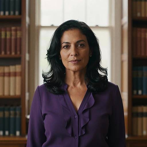 Photograph of an older South Asian woman with dark, wavy hair, wearing a purple blouse, standing in a library with bookshelves in the
