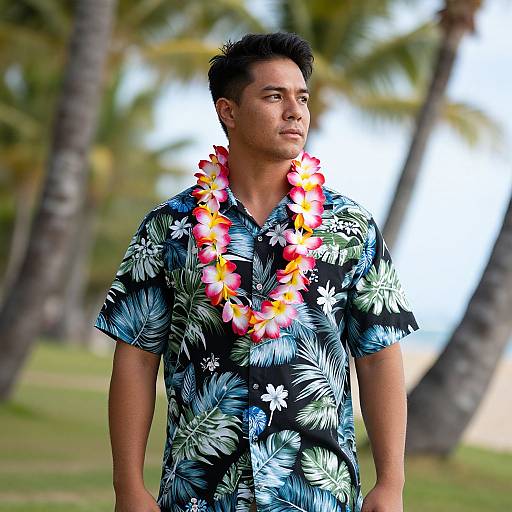 Man Wearing Hawaiian Shirt and Flower Lei Outdoors