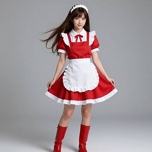 Photograph of an Asian woman in a red and white French maid outfit, red boots, white headband, standing against a gray background.