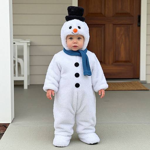 Photograph of a baby in a fluffy white snowsuit with black buttons, black top hat, orange carrot nose, and blue scarf, standing on a