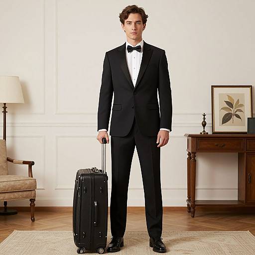Photograph of a young man in a black tuxedo with a bow tie, holding a black rolling suitcase, standing in a well-lit,