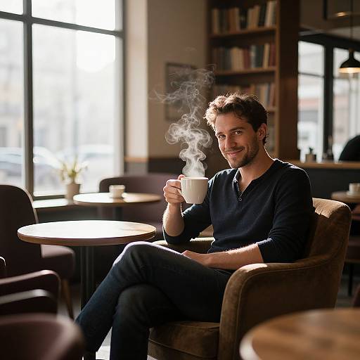 Photograph of a smiling, bearded man in a navy long-sleeve shirt, holding a steaming white cup, seated in a sunlit