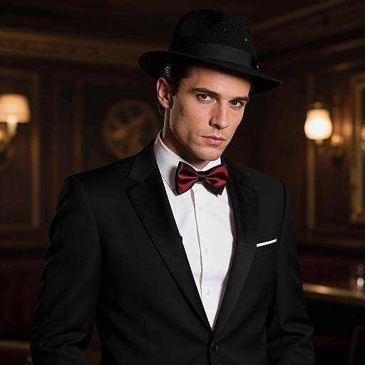Photograph of a handsome man in a black suit, white shirt, red bow tie, and black hat, standing in a dimly lit, elegant