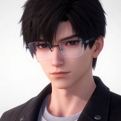CGI portrait of a young, androgynous Asian man with black hair, glasses, and a black jacket, set against a white background.