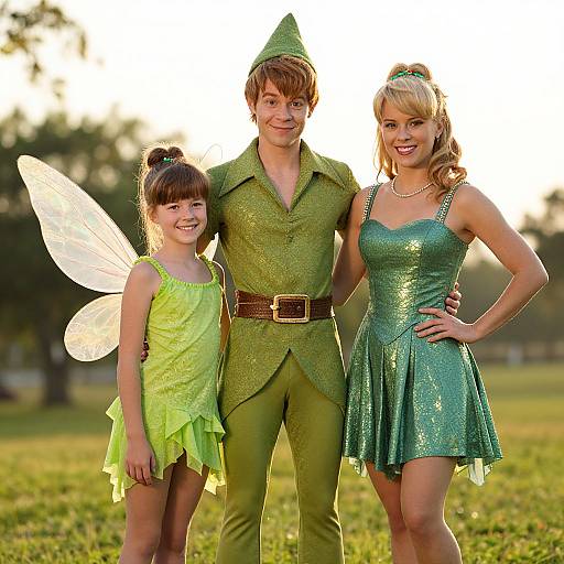 Photograph of three fairy costumes: a green-jumpsuit boy with a pointed hat, a green fairy dress girl with wings, and a sparkling green