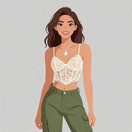 Digital illustration of a smiling woman with wavy brown hair, wearing a white lace crop top and green cargo pants, against a plain white background.
