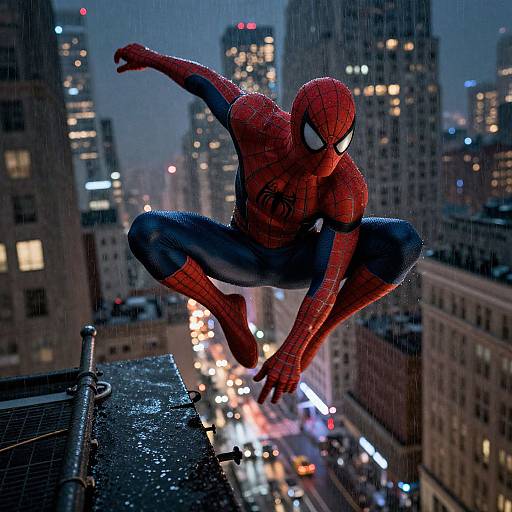 Photorealistic CGI of Spider-Man in red and blue suit, mid-leap from rooftop, raining in a brightly lit, bustling city night skyline.