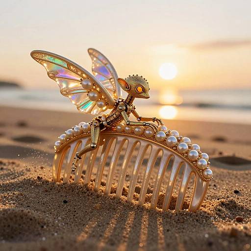 Pearl-Encrusted Comb with Sand Sprite at Sunset