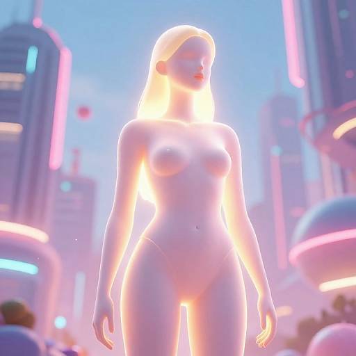 Digital CGI image of a glowing, nude, blonde woman with large breasts and curvy hips, standing in a neon-lit futuristic cityscape.