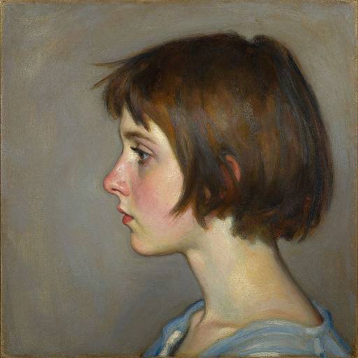 Realistic oil painting of a young woman in profile with short brown hair, fair skin, and blue shirt, against a gray background.