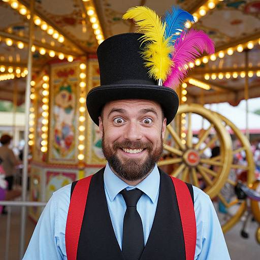 Photograph of a bearded man with wide eyes, smiling, wearing a black top hat with colorful feathers, red suspenders, and a black vest