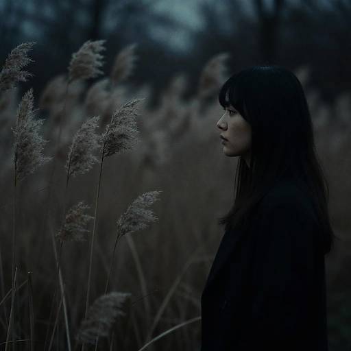 Side Profile of Woman Among Reeds in Dim Light