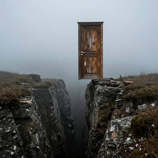 Photograph of a weathered wooden door floating above a misty, rocky chasm, flanked by grassy cliffs, creating a surreal, mysterious