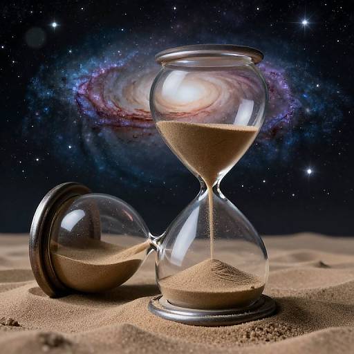 Photograph of a glass hourglass with sand, standing on a sandy surface, against a starry night sky with a colorful galaxy. The bottom glass