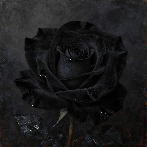 Dark, moody photograph of a black rose with glossy petals against a textured, shadowy background, creating a mysterious, almost ethereal effect.