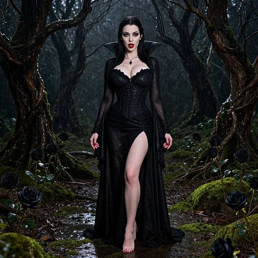 Photograph of a pale-skinned, dark-haired woman in a black, sheer, gothic dress with a high slit, standing barefoot in a