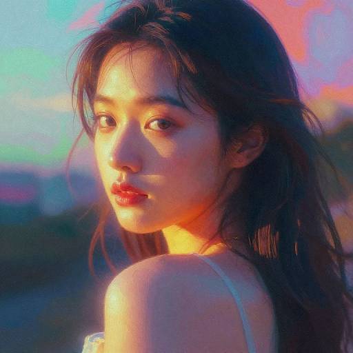 Photograph of an Asian woman with long brown hair, glowing in vibrant sunset colors, looking over her shoulder, wearing a white strap top.
