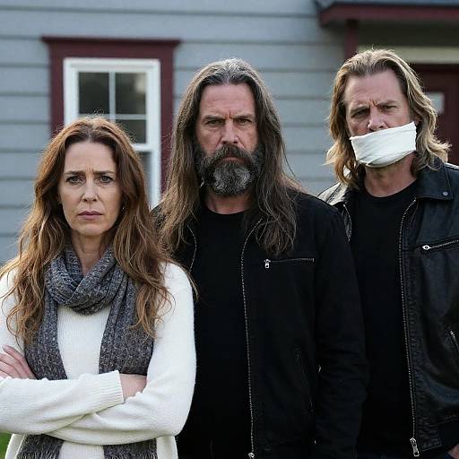 Three Middle-Aged Individuals Outside a House