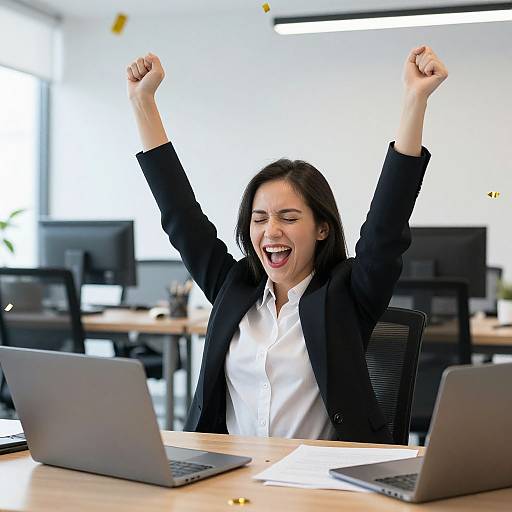 Photograph of a smiling, dark-haired woman in a black blazer and white shirt, raising her arms victoriously in an office with multiple laptops and