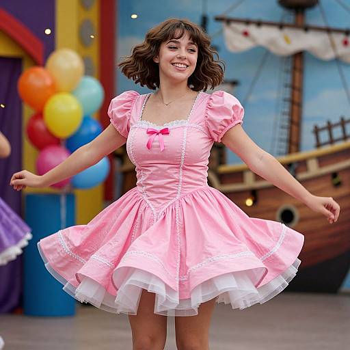 Photograph of a smiling young woman with wavy brown hair, wearing a pink puffed-sleeve dress with white lace and a pink bow,