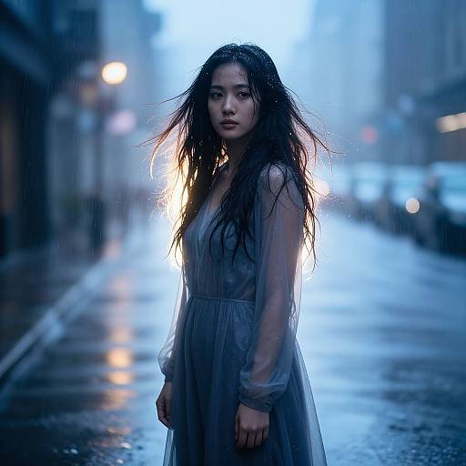 Ethereal Rain Woman in Urban Mist
