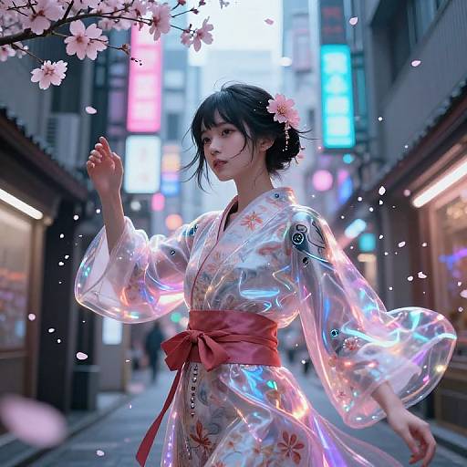 Cyberpunk Japanese Girl with Digital Blossoms