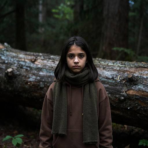 Girl in Dark Forest With Fallen Tree