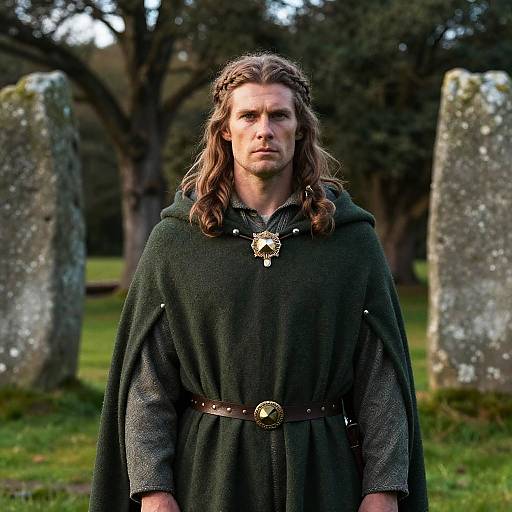 Photograph of a serious, long-haired man with wavy brown hair, wearing a dark green medieval cloak, standing between two stone monuments in a grass