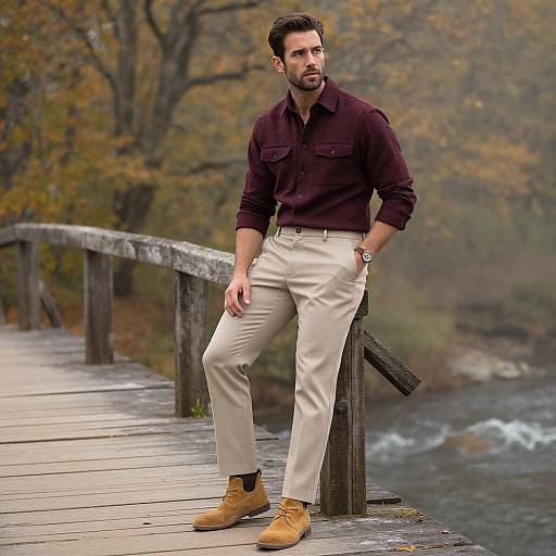 Photograph of a handsome bearded man in a dark maroon shirt and beige pants, leaning on a wooden bridge in autumn, wearing tan boots.
