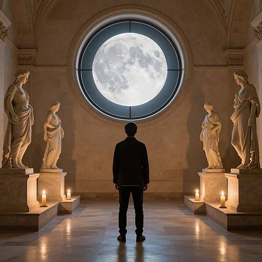 Man Before Moonlit Classical Statues