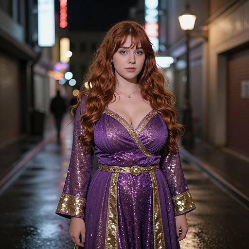 Photograph of a red-haired woman with long curls, wearing a shimmering purple and gold dress, standing in a neon-lit, wet alley at