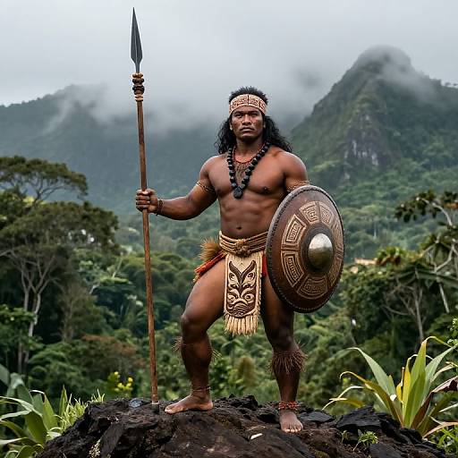 Melanesian Warrior on Rocky Hilltop