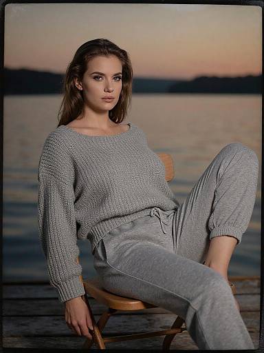 Photograph of a young woman with light brown hair, wearing a gray knit sweater and loose gray sweatpants, sitting on a wooden chair by a sunset