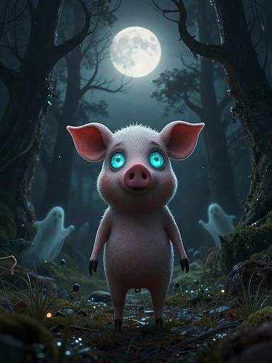 Digital artwork of a cute, glowing-eyed piglet with fluffy white fur standing in a dark, moonlit forest, surrounded by ghostly figures.