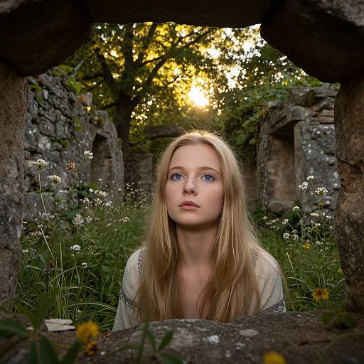 Photograph of a young blonde woman with blue eyes, wearing a white blouse, standing in a ruined stone archway surrounded by wildflowers and tall grass