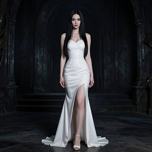 Photograph of a slender woman with long black hair, wearing a white satin, strapless, high-slit evening gown, standing in a dark,
