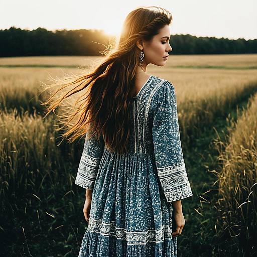 Woman with Long Mullet Hairstyle in Boho Dress in Field