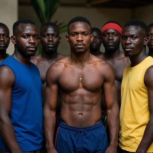 Group of Muscular Men Standing Together Indoors