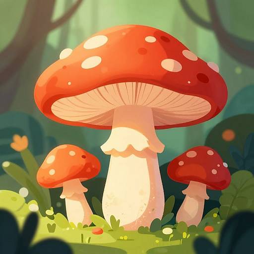 Digital illustration of three vibrant red-and-white-spotted mushrooms standing tall in a sunlit, lush forest with soft green and yellow hues.