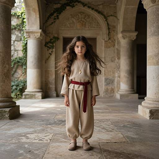 Photograph of a young girl with long brown hair, wearing a beige, puffed-sleeve dress with a maroon belt, standing in a