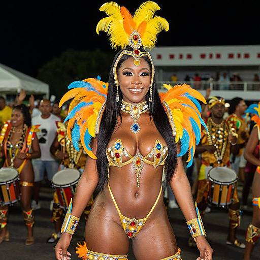 Photograph of a confident Black woman with dark skin, wearing a gold and orange feathered headdress, bikini, and accessories, performing in a vibrant