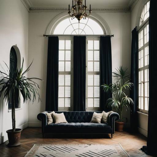 Vintage Living Room with Black Curtains and Arched Window
