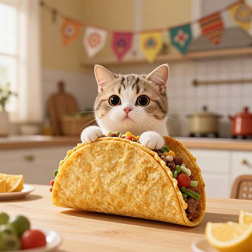 Adorable kitten with big blue eyes peeks over a taco filled with colorful vegetables on a wooden kitchen table. Bright, cheerful kitchen background with colorful flags