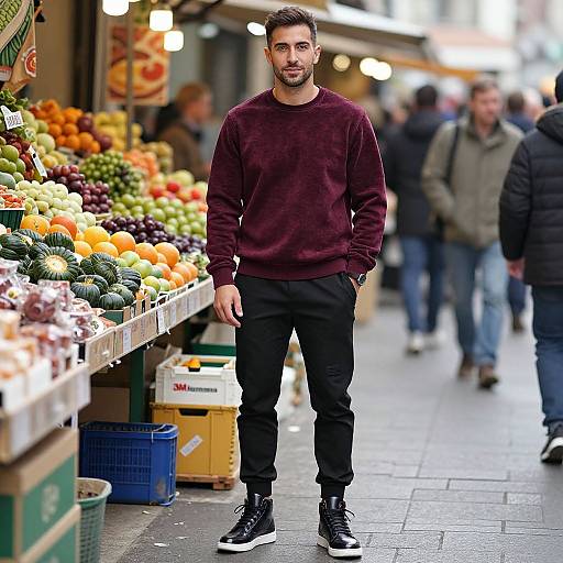 Photograph of a bearded man with short dark hair, wearing a maroon sweater, black pants, and black sneakers, standing in front of a