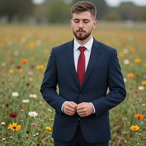 Photograph of a bearded man in a dark navy suit, white shirt, and red tie, standing in a colorful wildflower field, eyes closed
