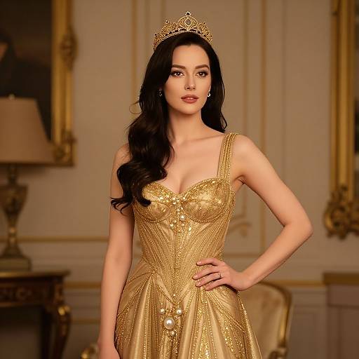 Photograph of a fair-skinned woman with long black hair, wearing a golden, sequined ball gown and a gold tiara, standing in an