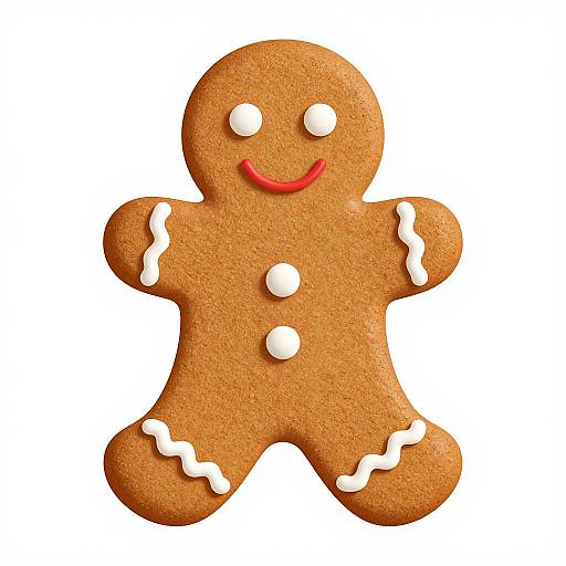 Photograph of a gingerbread cookie with round white eyes, red smile, and three white buttons, decorated with white icing on arms and legs.