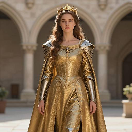 Regal Medieval Princess in Golden Armor Dress
