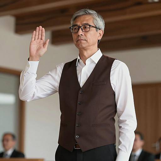 Middle-aged man taking oath indoors