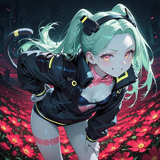 Cyberpunk Girl in a Flower Field